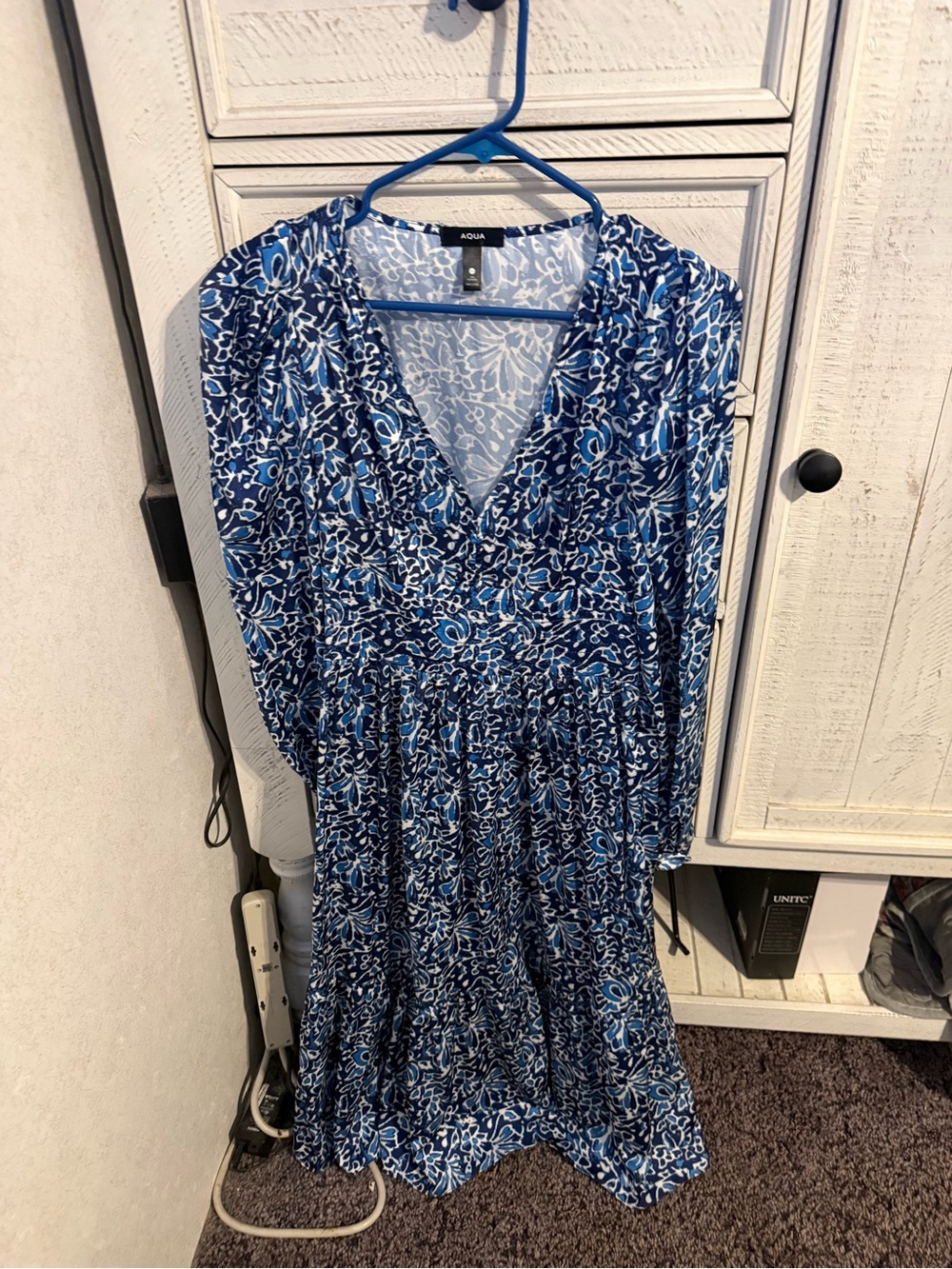 Aqua Blue Floral V-Neck Tiered Long Sleeve Dress